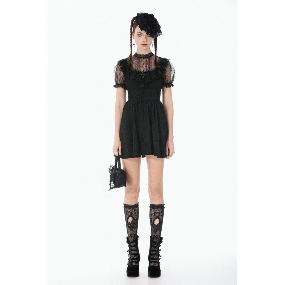 Darkinlove Women's Gothic Lace Cross Ruffled Short Sleeved Dress