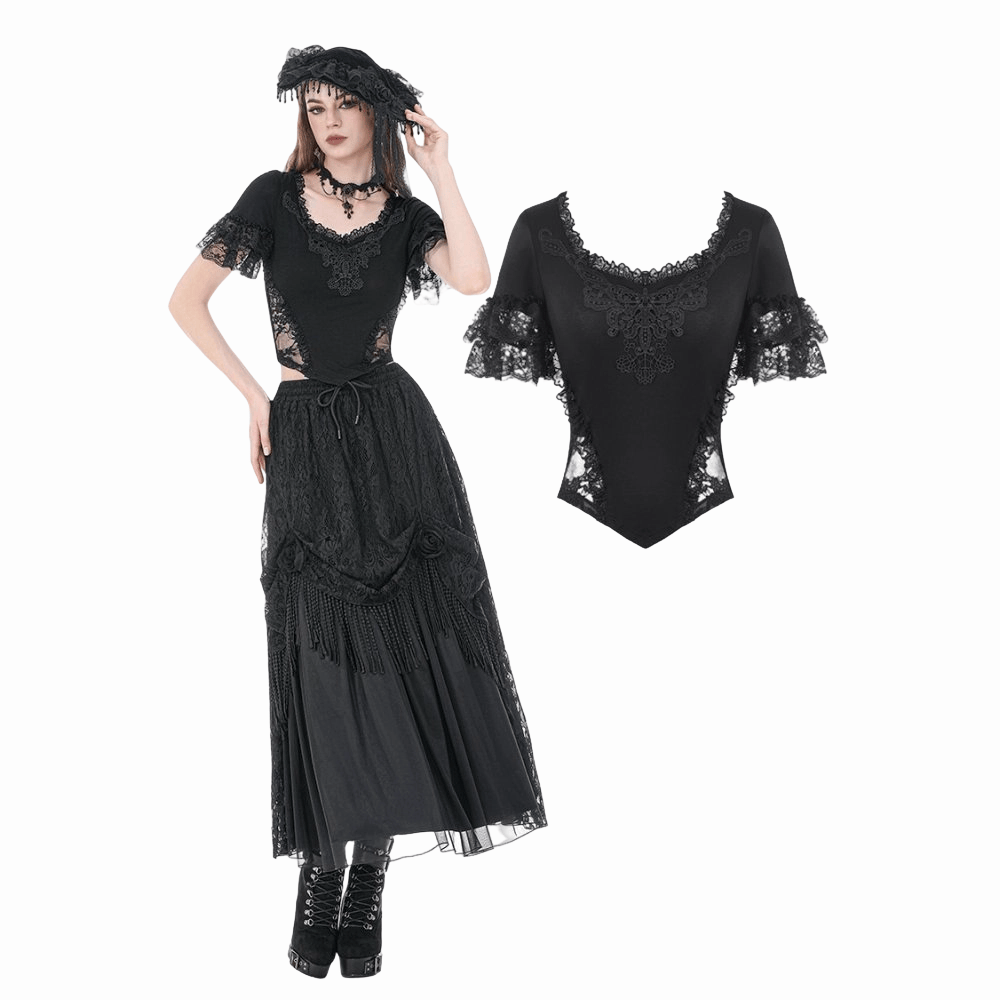 Darkinlove Women's Gothic Lace Embroidered Square-cut Collar Short Sleeve Top