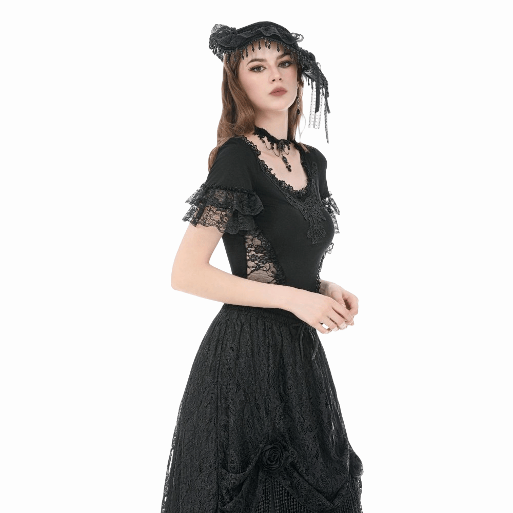 Darkinlove Women's Gothic Lace Embroidered Square-cut Collar Short Sleeve Top