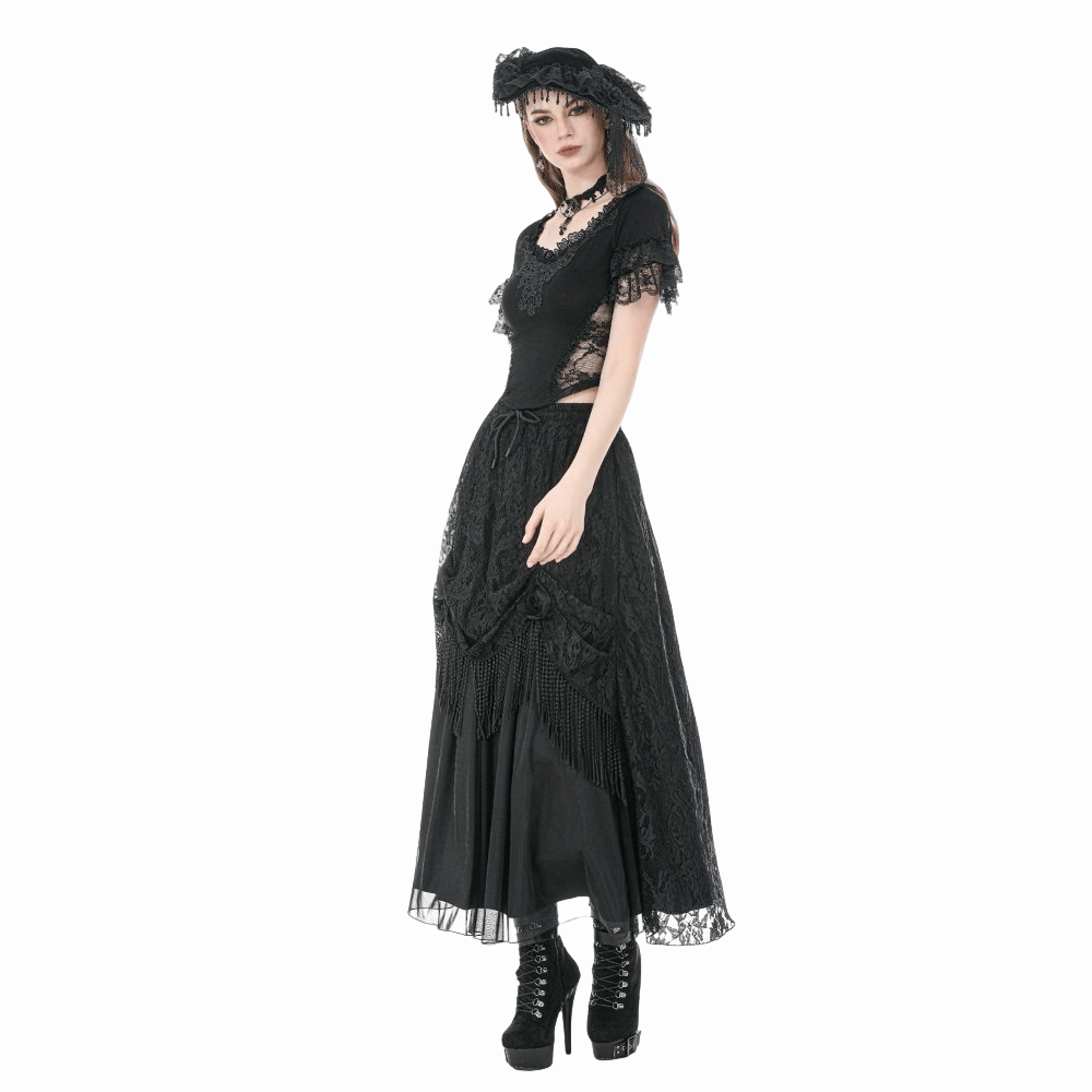 Darkinlove Women's Gothic Lace Embroidered Square-cut Collar Short Sleeve Top
