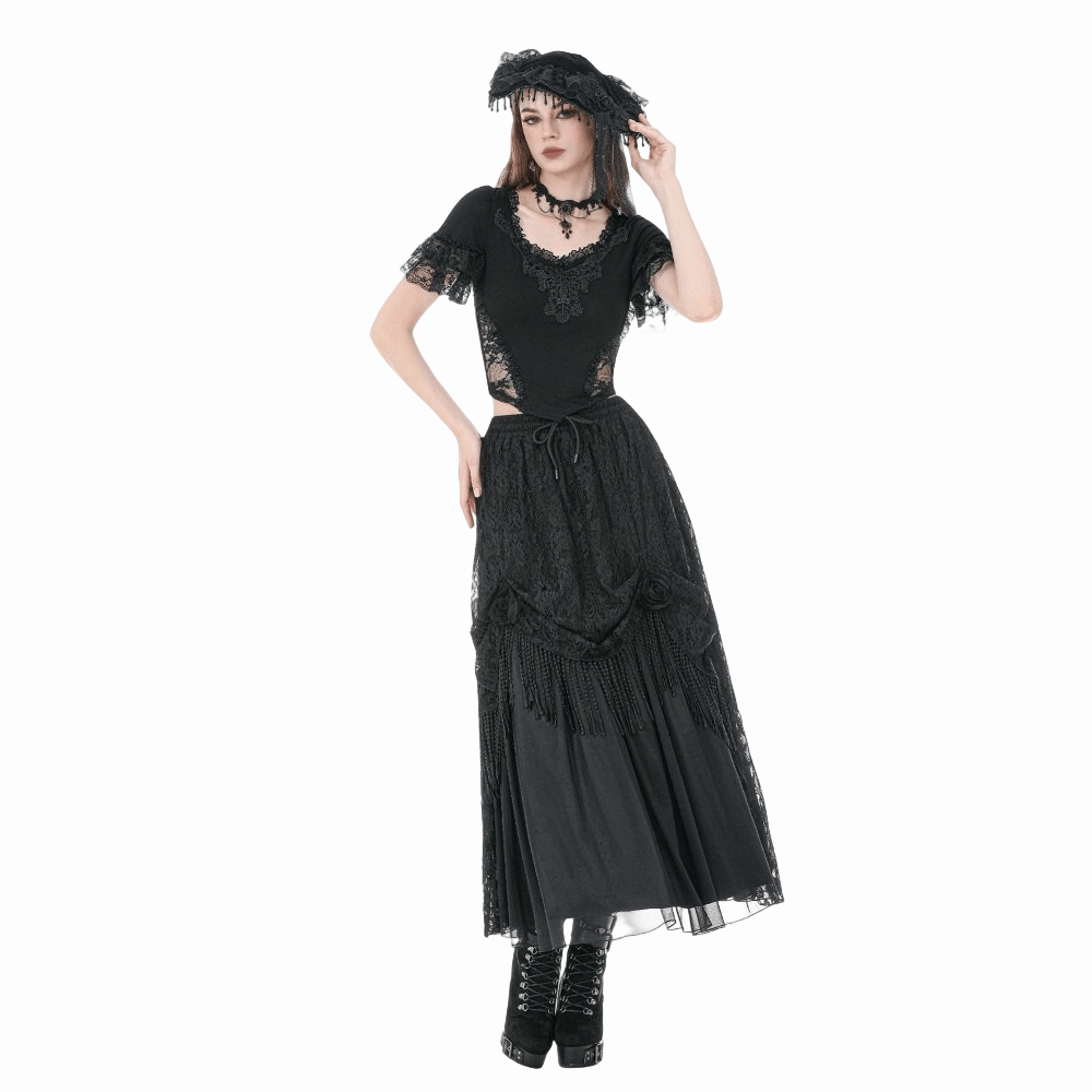 Darkinlove Women's Gothic Lace Embroidered Square-cut Collar Short Sleeve Top