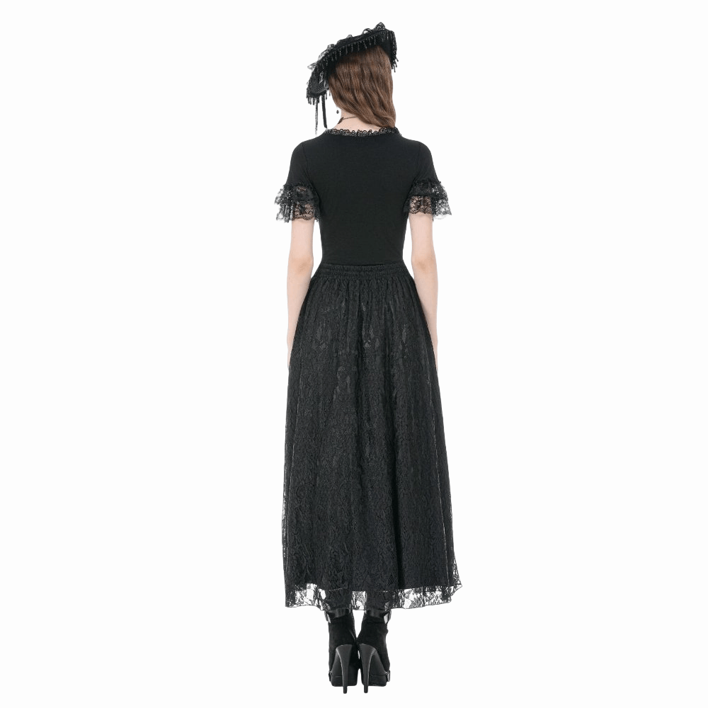 Darkinlove Women's Gothic Lace Embroidered Square-cut Collar Short Sleeve Top