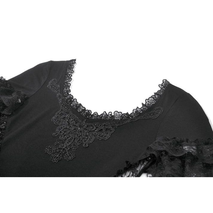 Darkinlove Women's Gothic Lace Embroidered Square-cut Collar Short Sleeve Top