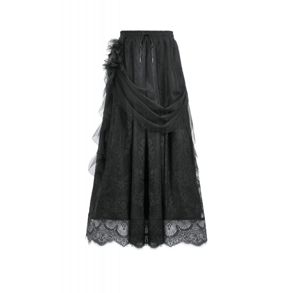 Darkinlove Women's Gothic Lace Floral Pleated Tulle Long Skirt