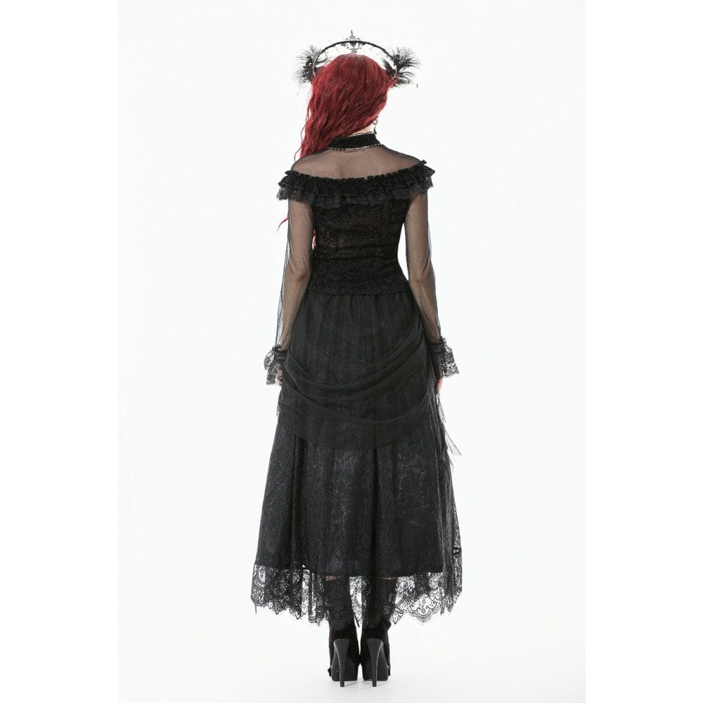 Darkinlove Women's Gothic Lace Floral Pleated Tulle Long Skirt
