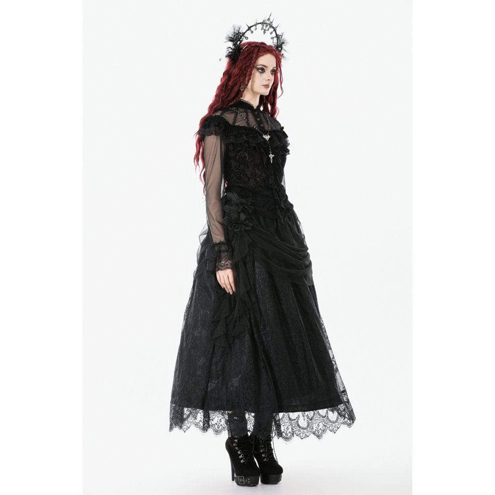 Darkinlove Women's Gothic Lace Floral Pleated Tulle Long Skirt