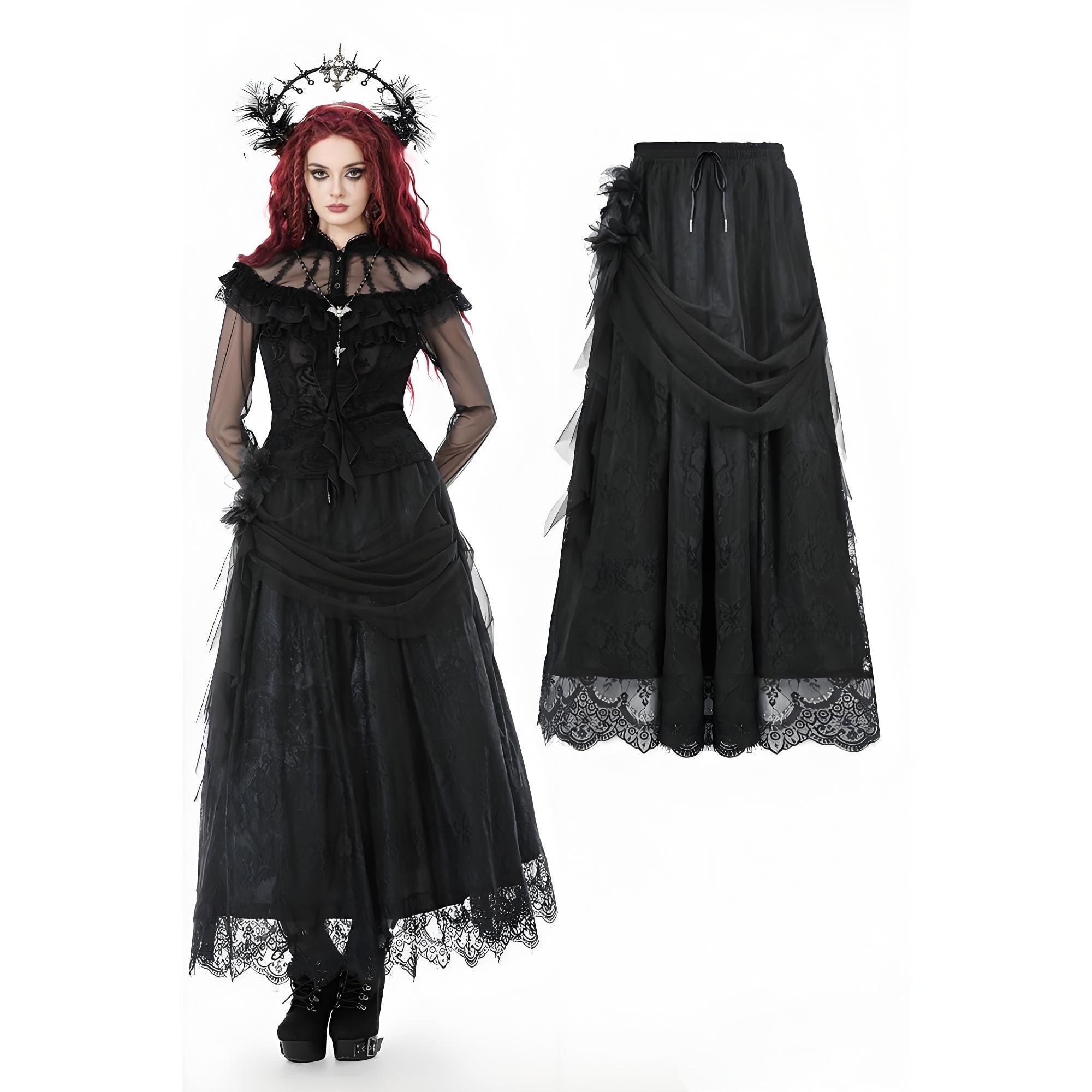 Darkinlove Women's Gothic Lace Floral Pleated Tulle Long Skirt