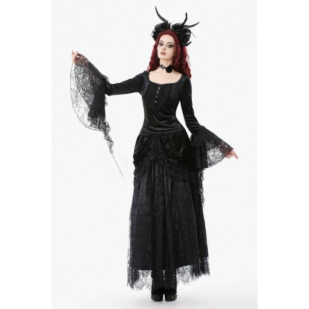 Darkinlove Women's Gothic Lace Floral Tassel Maxi Skirt