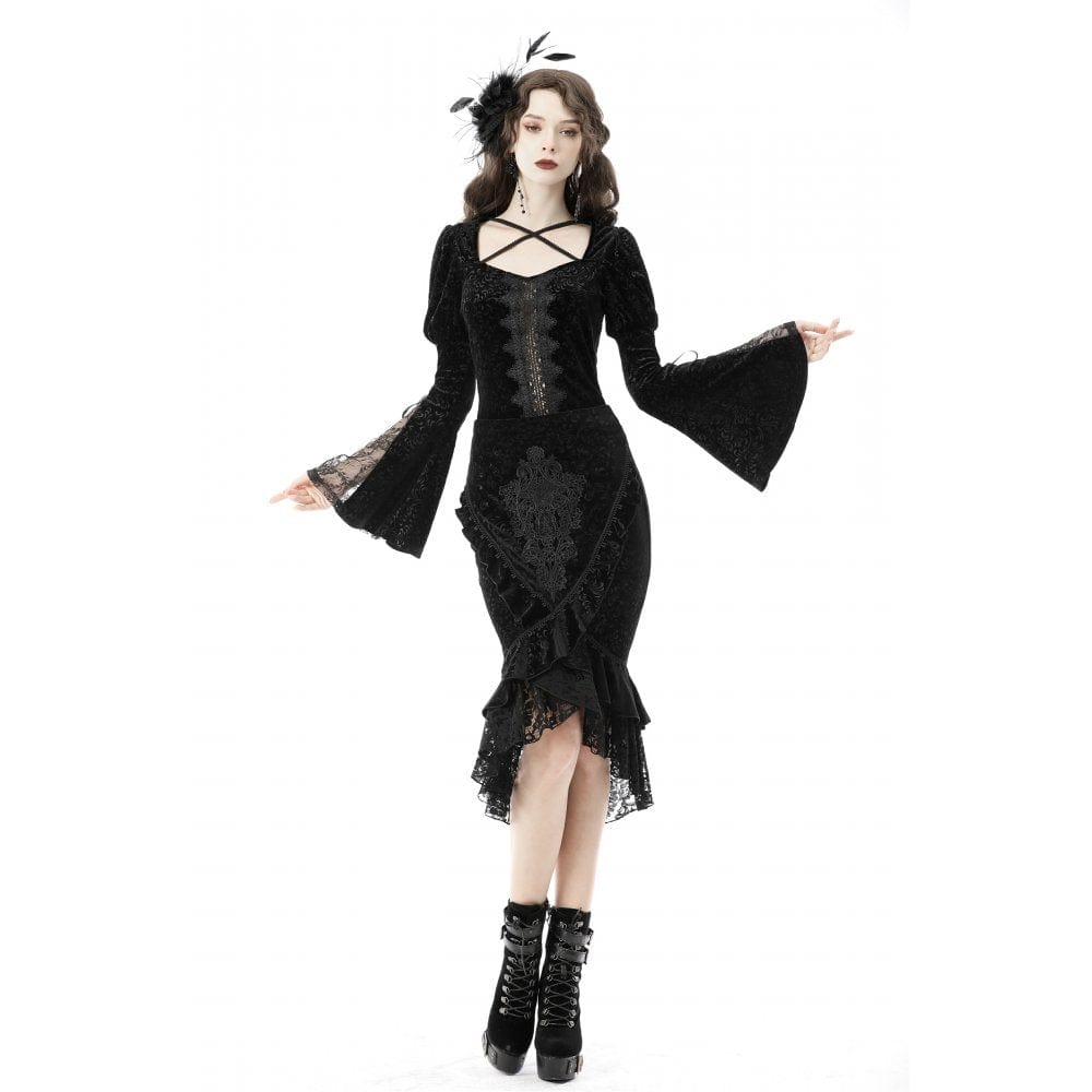 Darkinlove Women's Gothic Lace Hem Jacquard Dovetail Wrap Skirt