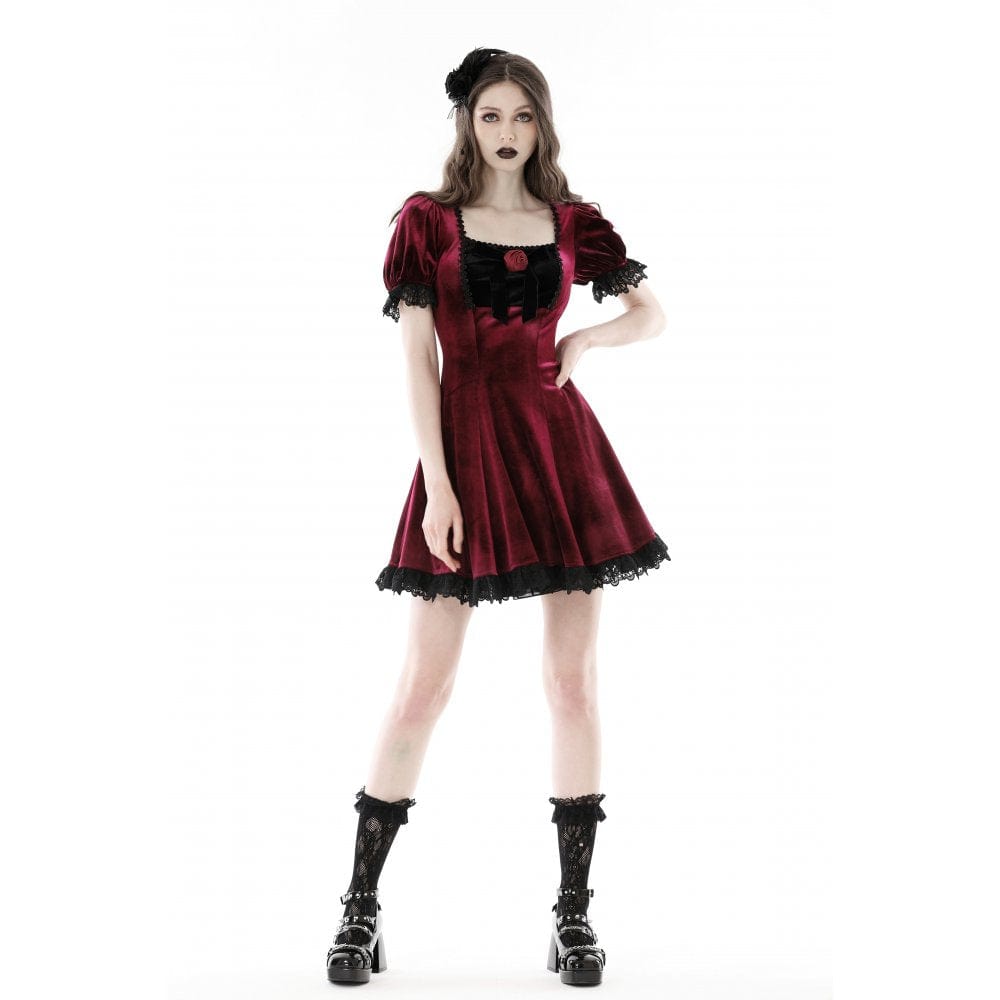 Darkinlove Women's Gothic Lace Hem Velvet Dress