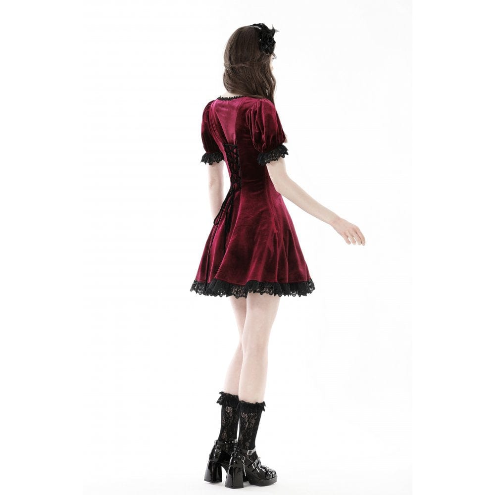 Darkinlove Women's Gothic Lace Hem Velvet Dress