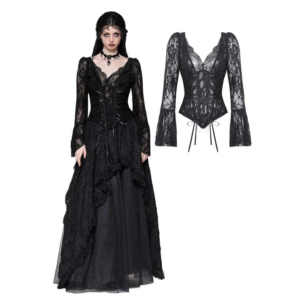 Darkinlove Women's Gothic Lace Lace-up Long Sleeved Shirt