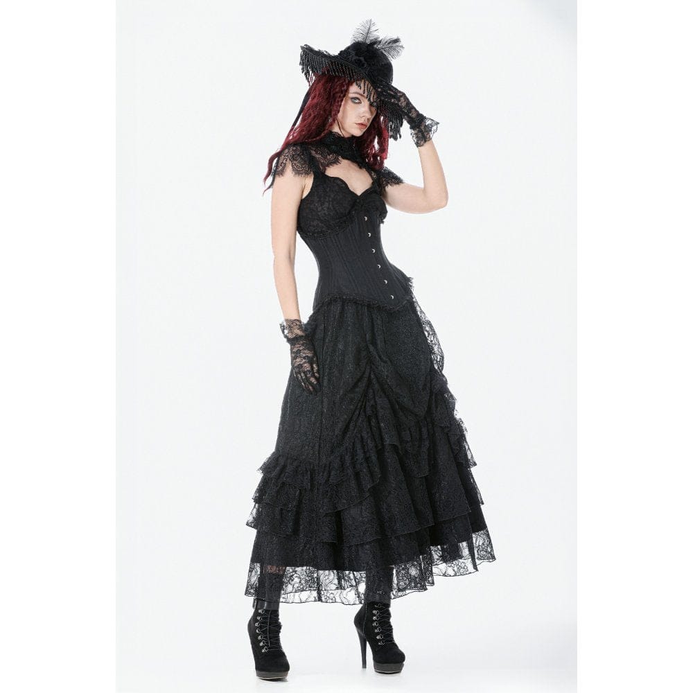 Darkinlove Women's Gothic Lace Layered Ruched Maxi Skirt