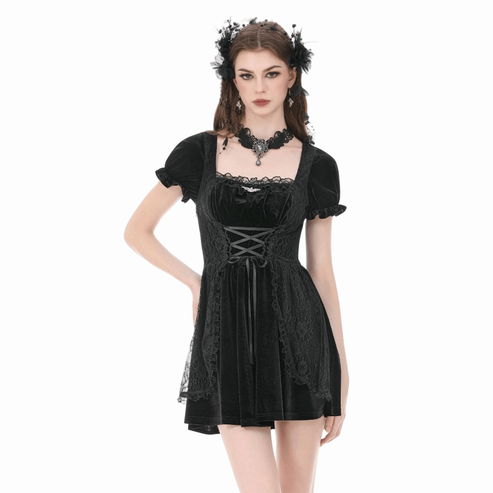 Darkinlove Women's Gothic Lace Patchwork Lace-up Square-cut Collar Dress
