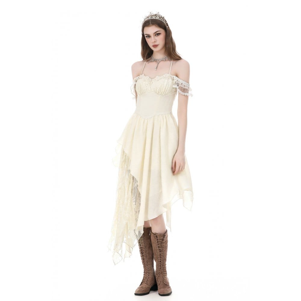 Darkinlove Women's Gothic Lace Patchwork Ruffled Asymmetric Off Shoulder Dress