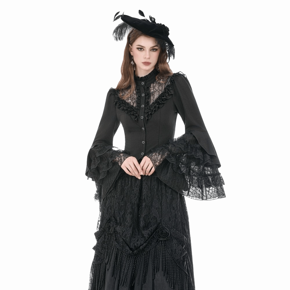 Darkinlove Women's Gothic Lace Patchwork Ruffled Stand Collar Shirt
