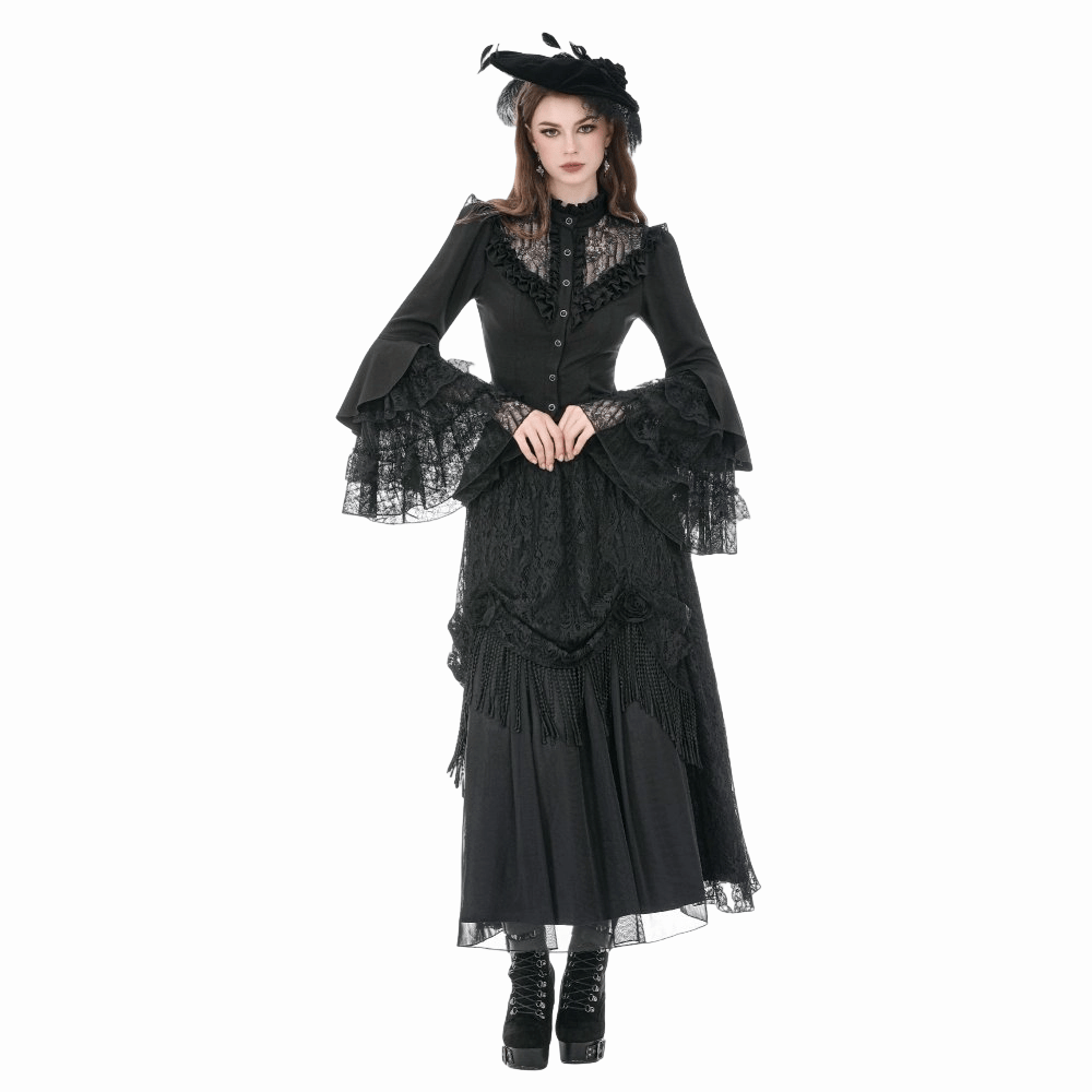 Darkinlove Women's Gothic Lace Patchwork Ruffled Stand Collar Shirt
