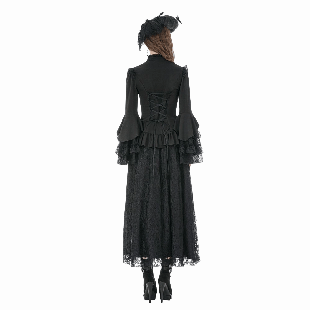 Darkinlove Women's Gothic Lace Patchwork Ruffled Stand Collar Shirt
