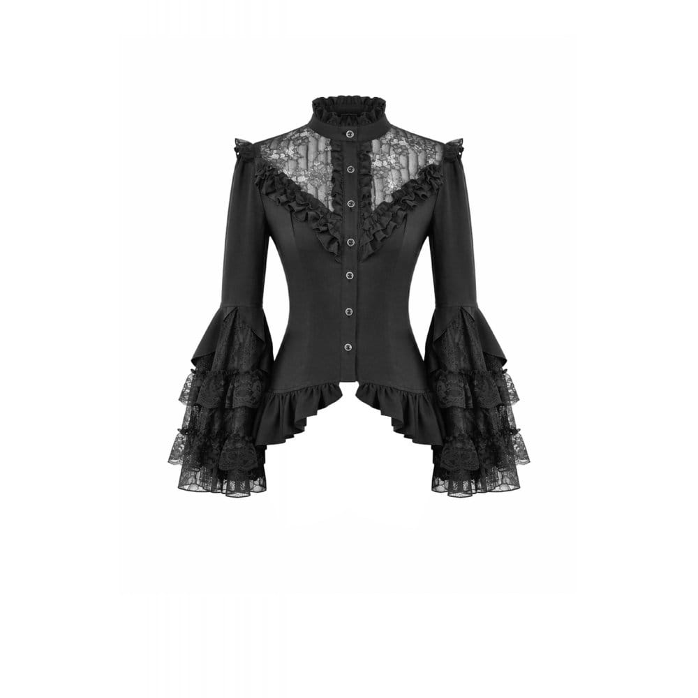 Darkinlove Women's Gothic Lace Patchwork Ruffled Stand Collar Shirt