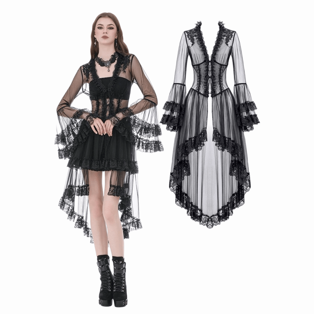 Cappotto da donna Darkinlove in pizzo gotico con inserti e maniche svasate trasparenti.