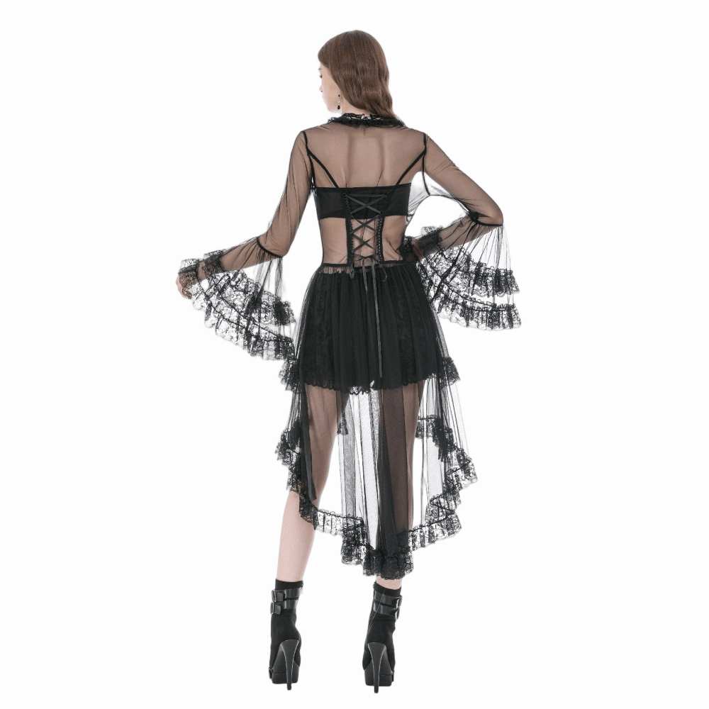 Cappotto da donna Darkinlove in pizzo gotico con inserti e maniche svasate trasparenti.