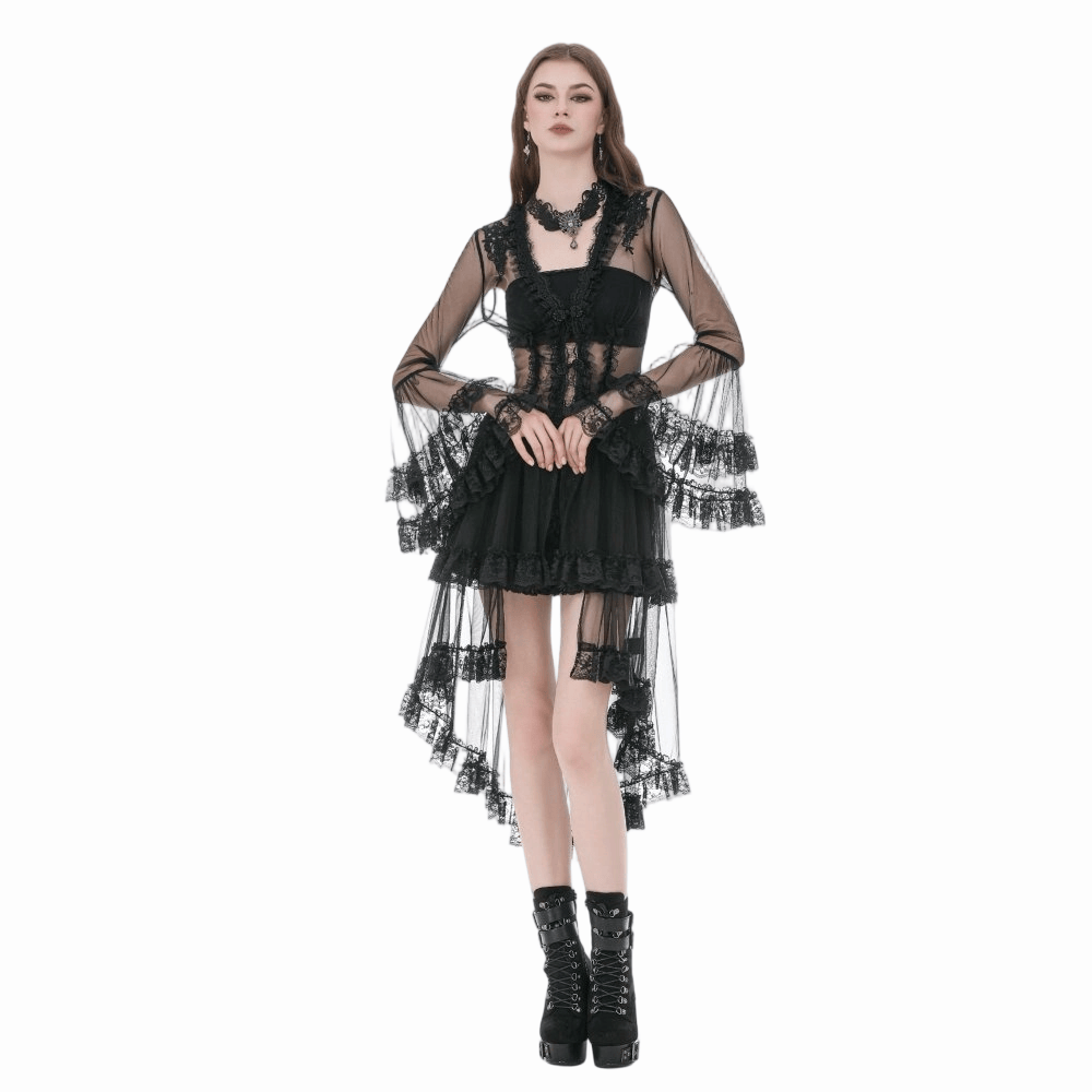 Cappotto da donna Darkinlove in pizzo gotico con inserti e maniche svasate trasparenti.