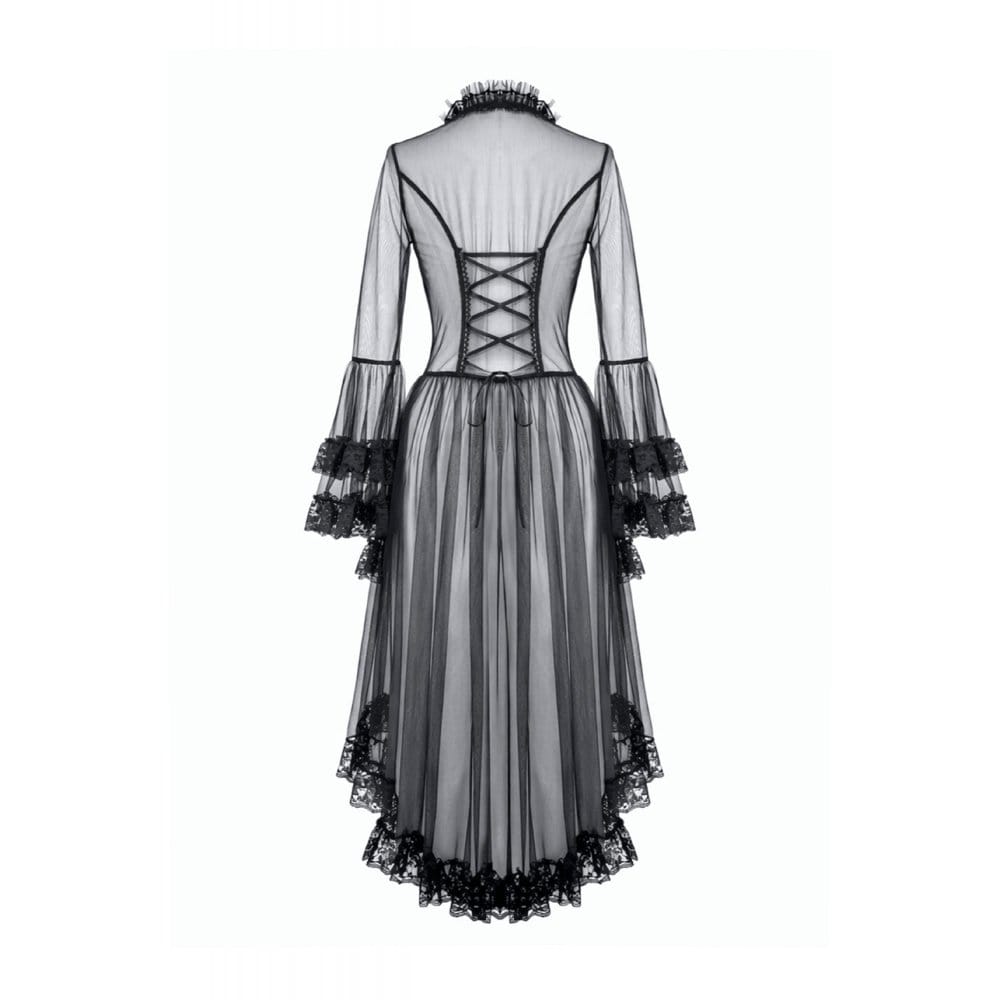 Cappotto da donna Darkinlove in pizzo gotico con inserti e maniche svasate trasparenti.