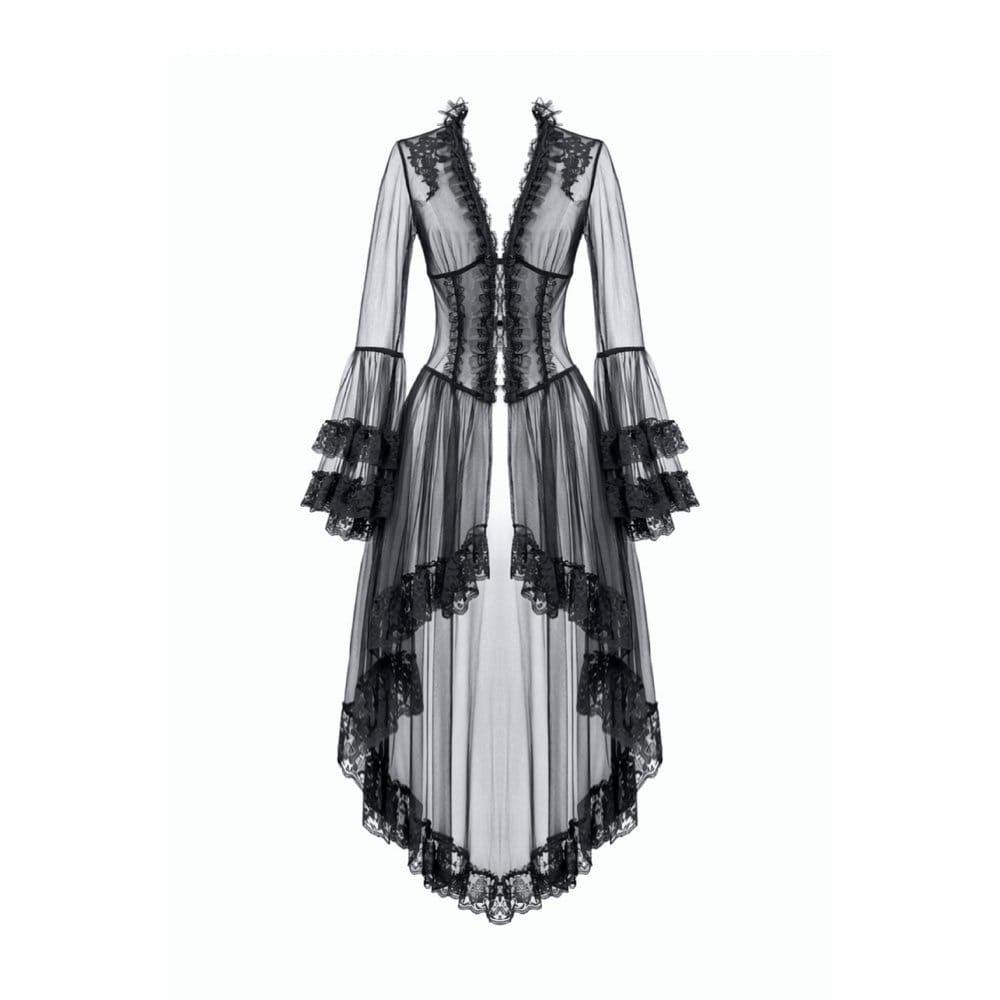 Cappotto da donna Darkinlove in pizzo gotico con inserti e maniche svasate trasparenti.