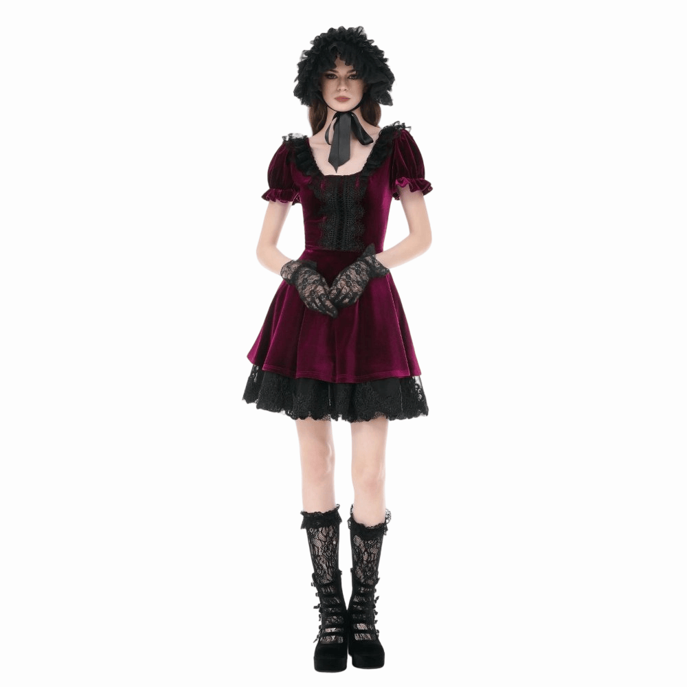 Darkinlove Women's Gothic Lace Patchwork Square-cut Collar Velvet Dress