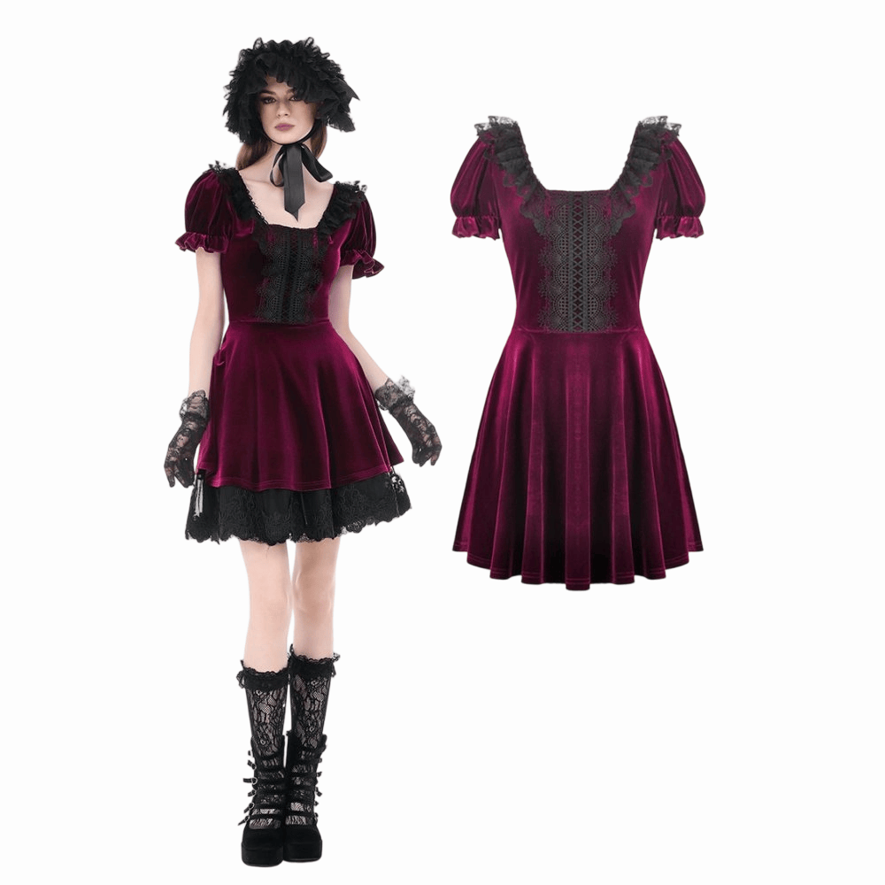 Darkinlove Women's Gothic Lace Patchwork Square-cut Collar Velvet Dress
