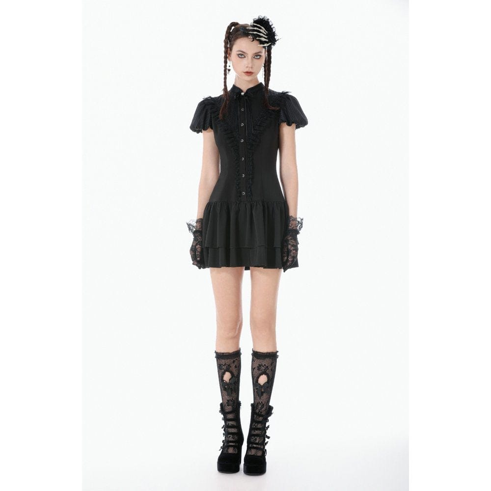 Darkinlove Women's Gothic Lace Pleated Bow-Trim Dress