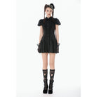 Darkinlove Women's Gothic Lace Pleated Bow-Trim Dress
