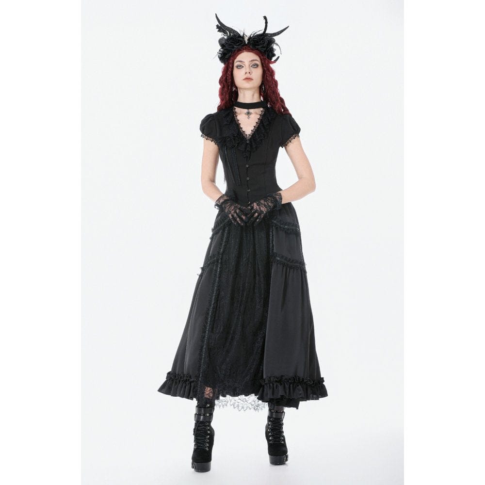 Darkinlove Women's Gothic Lace Ruched Ruffled Maxi Skirt Black