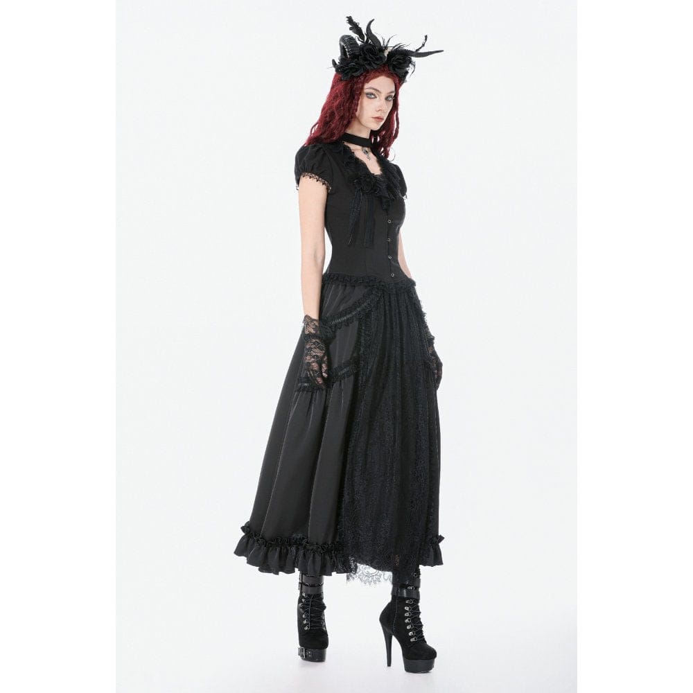 Darkinlove Women's Gothic Lace Ruched Ruffled Maxi Skirt Black
