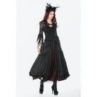 Darkinlove Women's Gothic Lace Ruched Ruffled Maxi Skirt Black-Red