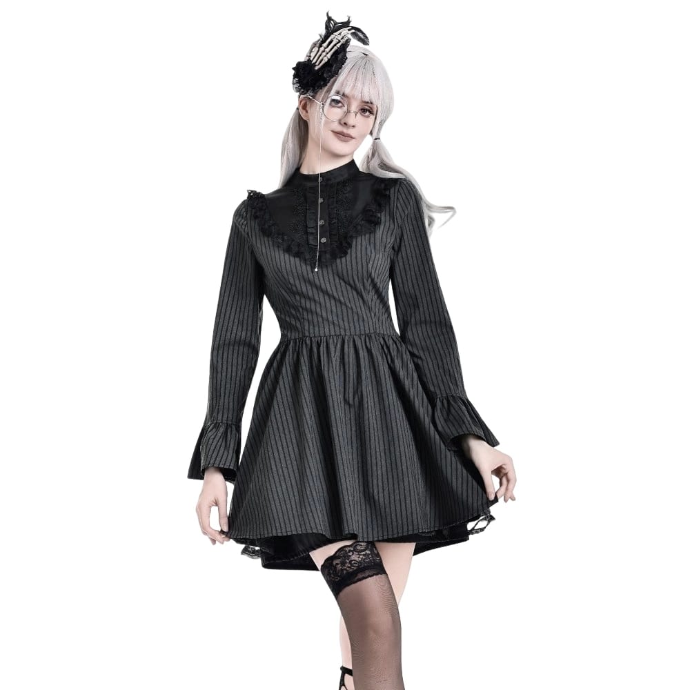 Darkinlove Women's Gothic Lace Ruffle Mock Neck Pinstripe Long Sleeve Flare Short Dress