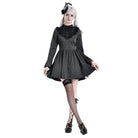 Darkinlove Women's Gothic Lace Ruffle Mock Neck Pinstripe Long Sleeve Flare Short Dress