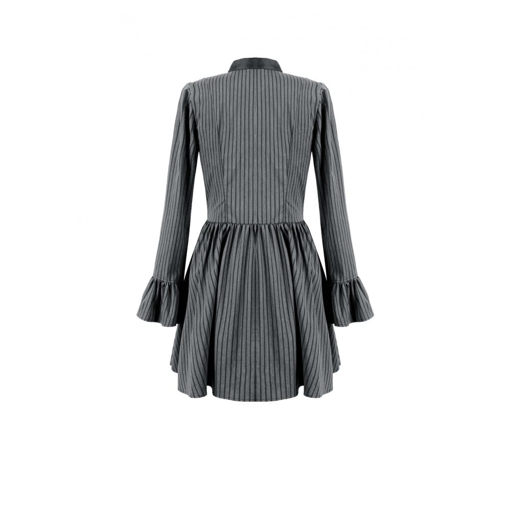 Darkinlove Women's Gothic Lace Ruffle Mock Neck Pinstripe Long Sleeve Flare Short Dress