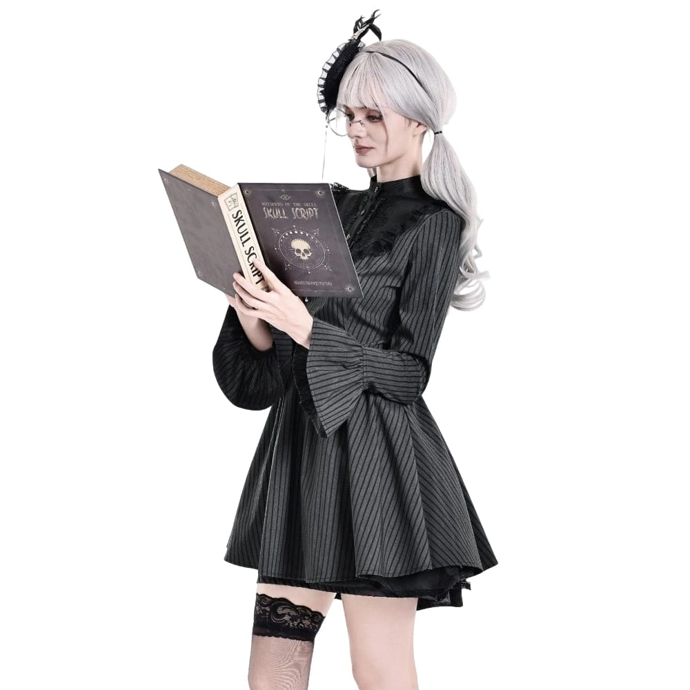 Darkinlove Women's Gothic Lace Ruffle Mock Neck Pinstripe Long Sleeve Flare Short Dress
