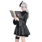 Darkinlove Women's Gothic Lace Ruffle Mock Neck Pinstripe Long Sleeve Flare Short Dress