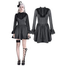 Darkinlove Women's Gothic Lace Ruffle Mock Neck Pinstripe Long Sleeve Flare Short Dress