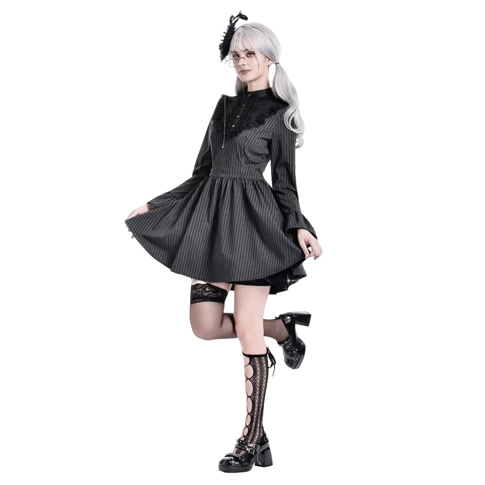 Darkinlove Women's Gothic Lace Ruffle Mock Neck Pinstripe Long Sleeve Flare Short Dress