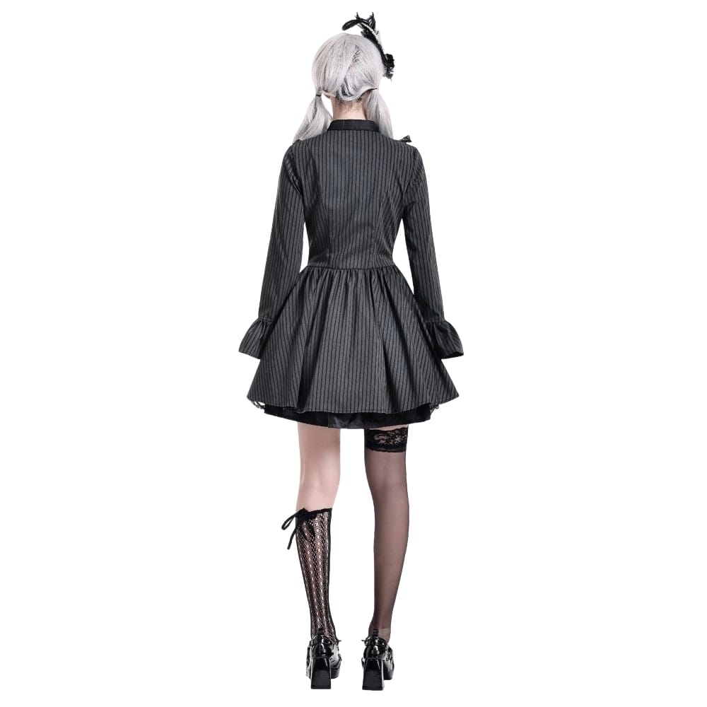 Darkinlove Women's Gothic Lace Ruffle Mock Neck Pinstripe Long Sleeve Flare Short Dress