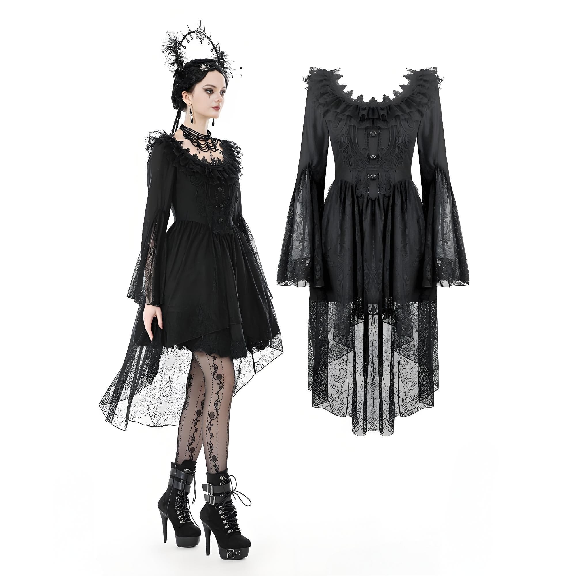 Darkinlove Women's Gothic Lace Ruffled Collar Flared Sleeved Dress