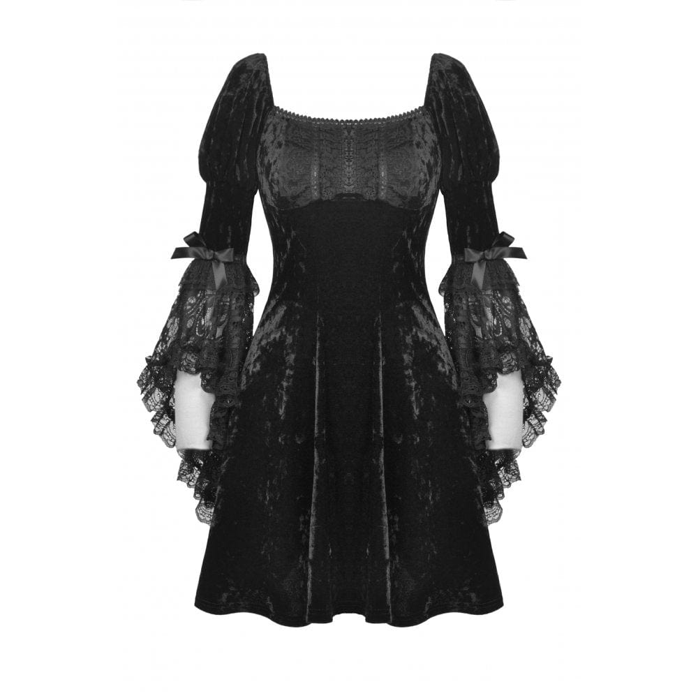 Darkinlove Women's Gothic Lace Sleeved Velvet Dress
