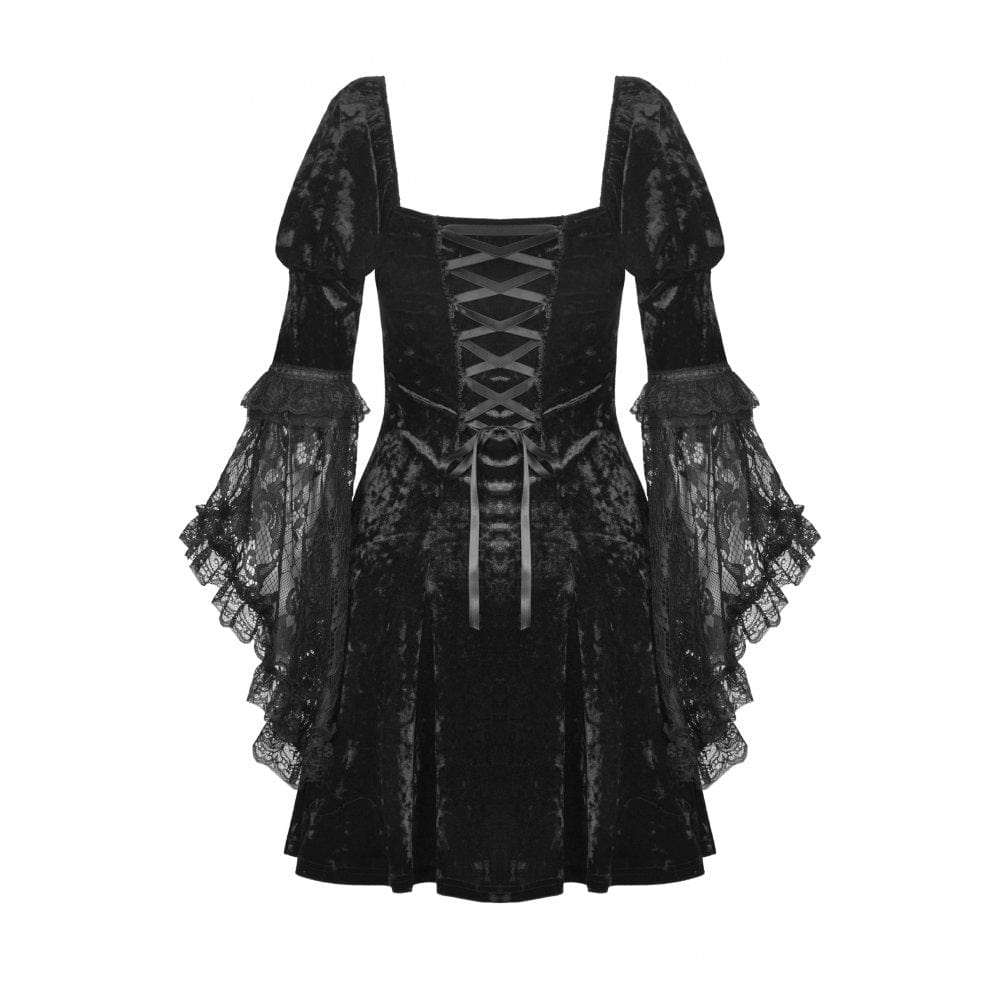 Darkinlove Women's Gothic Lace Sleeved Velvet Dress