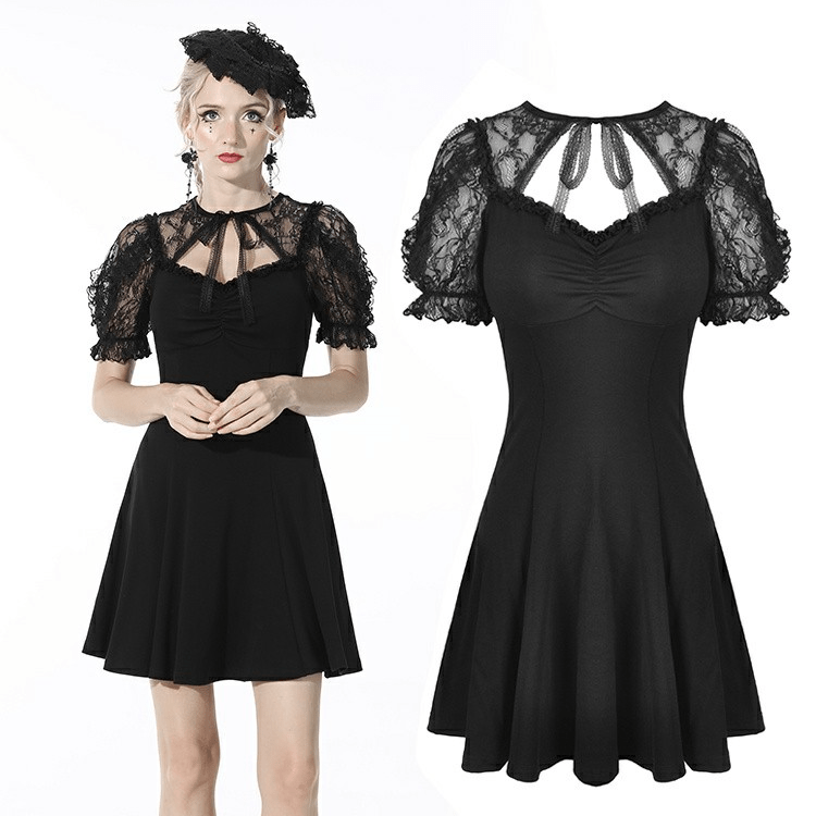 Darkinlove Women's Gothic Lace Splice Bowknot Black Dress