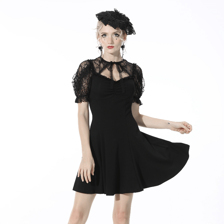 Darkinlove Women's Gothic Lace Splice Bowknot Black Dress