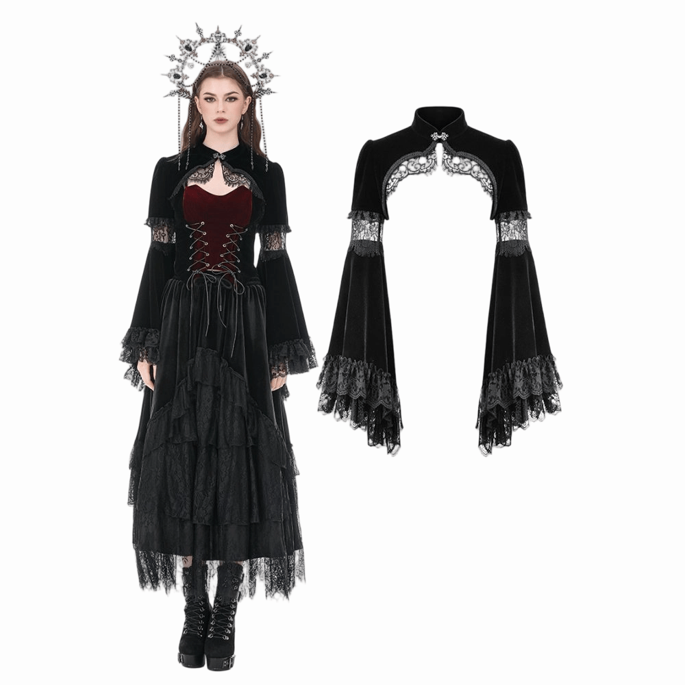Mantella in velluto gotica da donna con inserti in pizzo e maniche a campana di Darkinlove