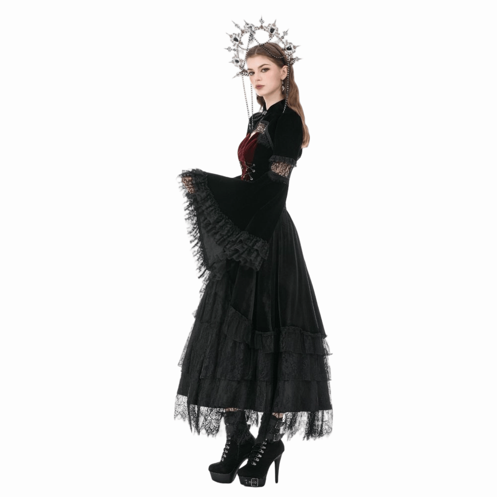 Mantella in velluto gotica da donna con inserti in pizzo e maniche a campana di Darkinlove